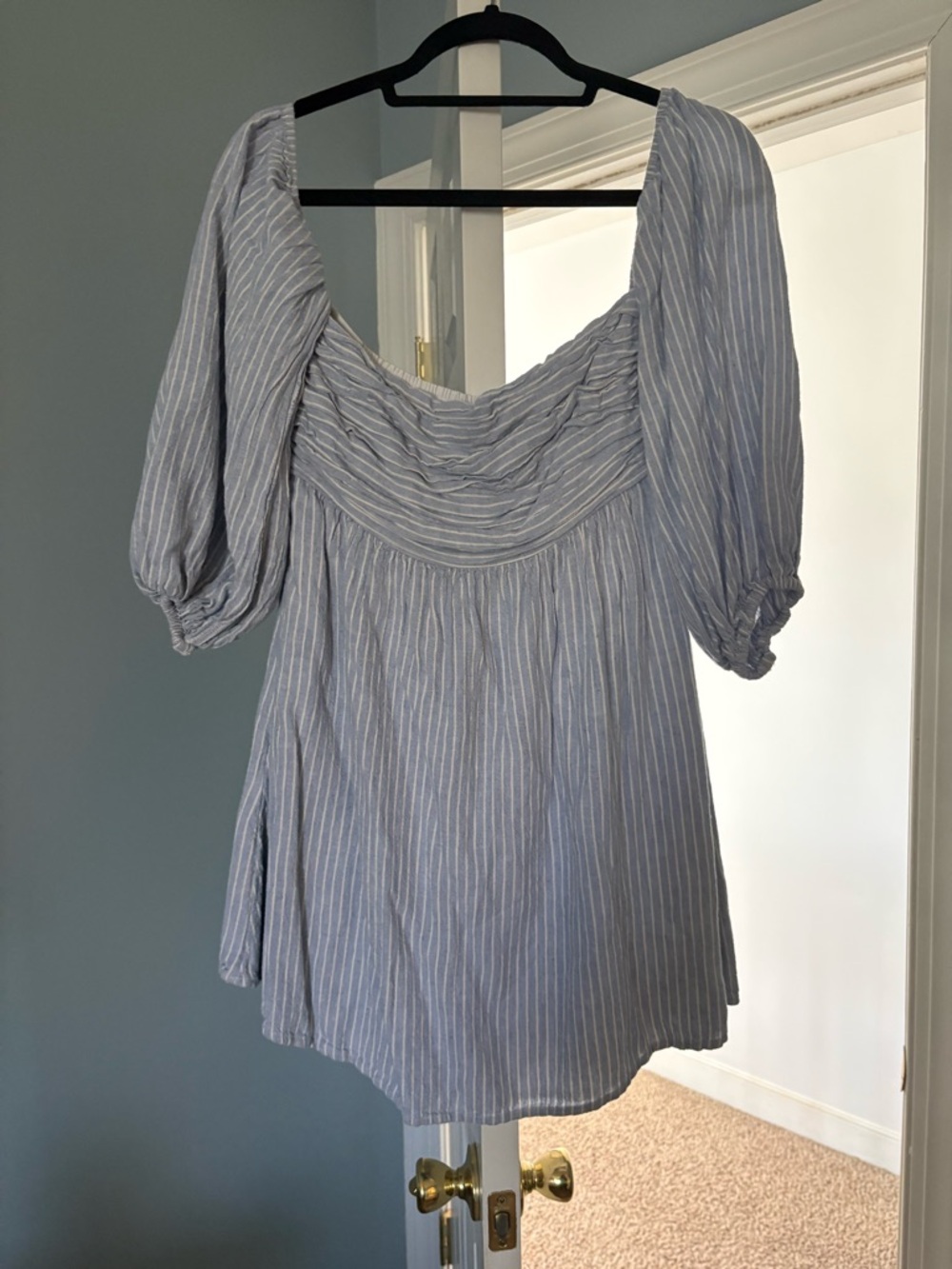 Abercrombie & Fitch Blue and White Striped Puff-Sleeve Mini Dress
